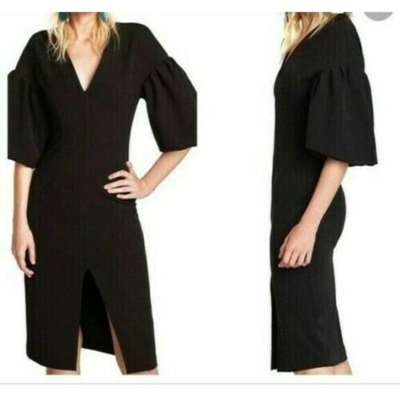 Zara Dresses & Skirts - Zara Woman V Neck Big Puff Sleeve Midi Dress Size L Black